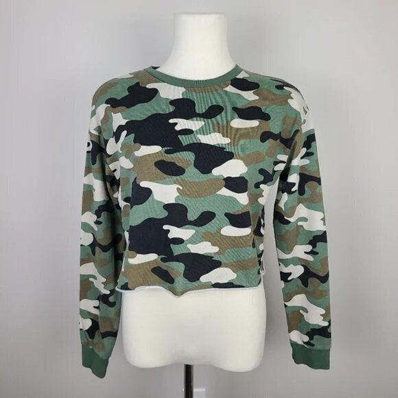 H&M Green Black and Cream Camo Printed Cropped Sweatshirt XS - Picture 2 of 16